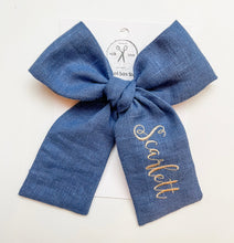 Load image into Gallery viewer, *4 Week TAT* Dusty Blue Linen Name Bows