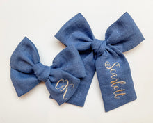 Load image into Gallery viewer, *4 Week TAT* Dusty Blue Linen Name Bows