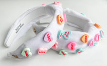 Load image into Gallery viewer, Conversation Hearts White Velvet Headband Mommy + Me