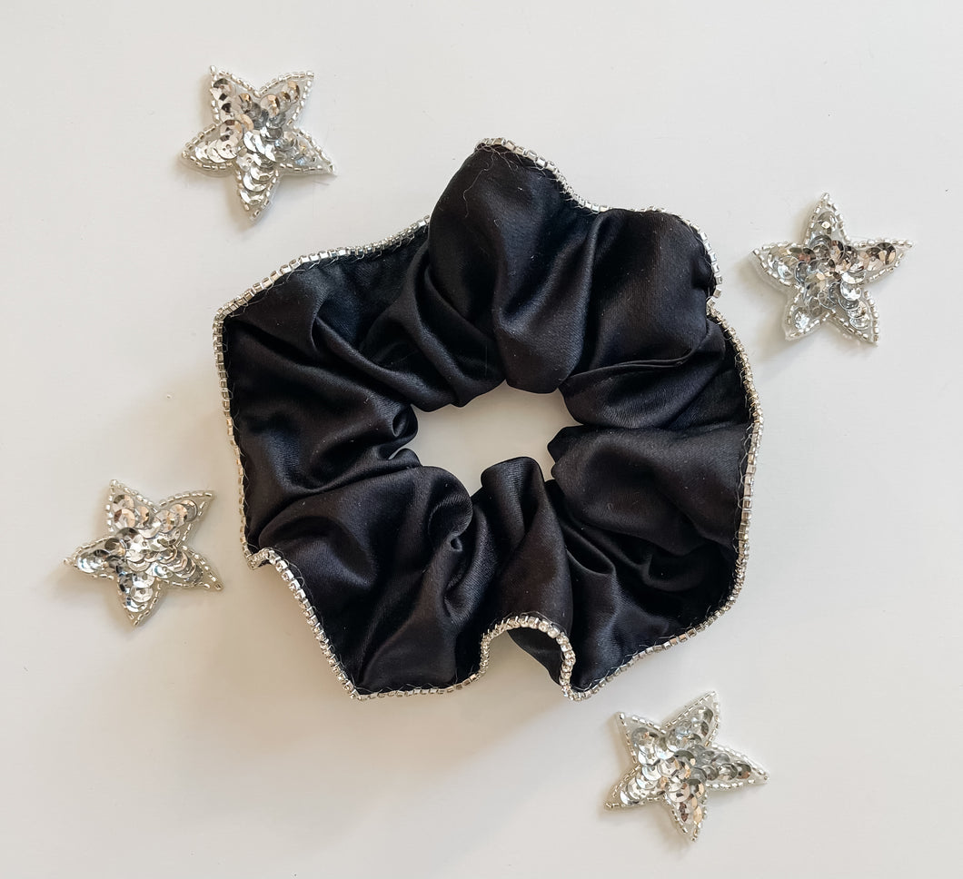 Black Satin Rhinestone Scrunchie ￼