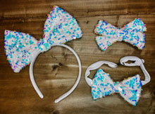 Load image into Gallery viewer, White Iridescent Sequin Bows, Headbands &amp; Bow Ties