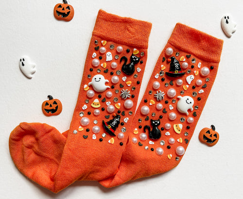 Orange Halloween Embellished Socks