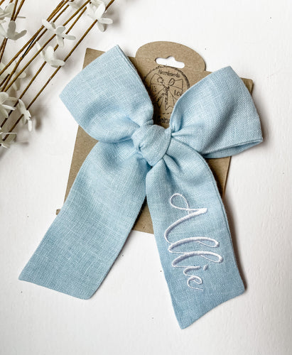 *4 WEEK TAT* Pale Blue Linen Name Bows