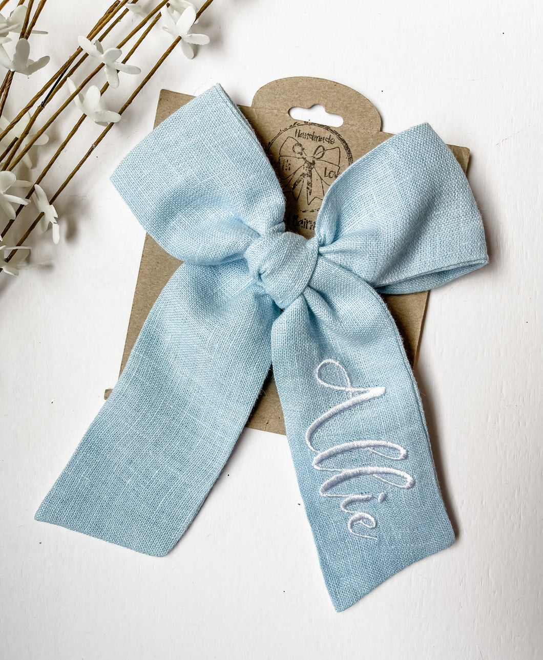 *4 WEEK TAT* Pale Blue Linen Name Bows