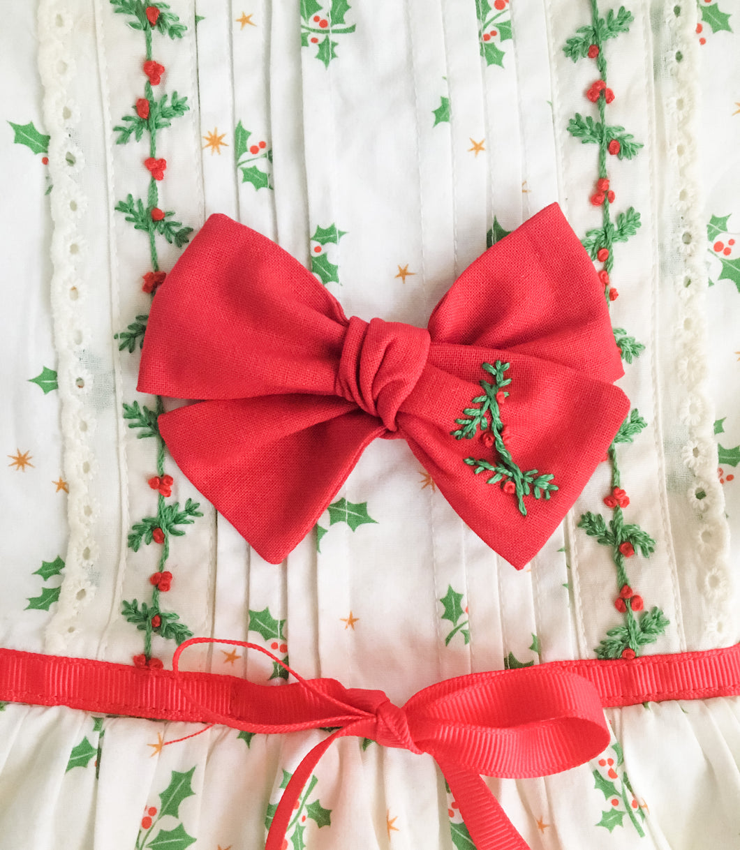 Holly Berry Embroidered Handtied Bow