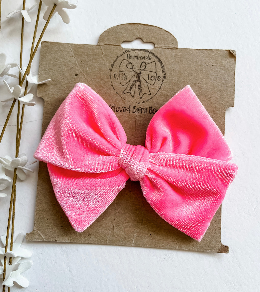 Candy Pink Handtied Velvet Bows and Headbands