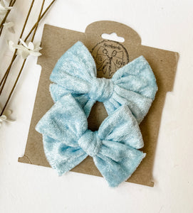 Crushed Baby Blue Handtied Bows and Headbands