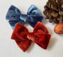 Load image into Gallery viewer, Rust and Dusty Blue Handtied Velvet Bows