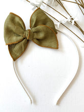 Load image into Gallery viewer, Olive Copper Trimmed Linen Beloved Bows and Headbands