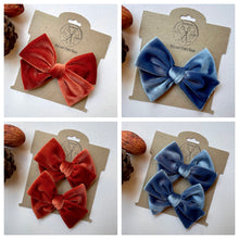 Load image into Gallery viewer, Rust and Dusty Blue Handtied Velvet Bows